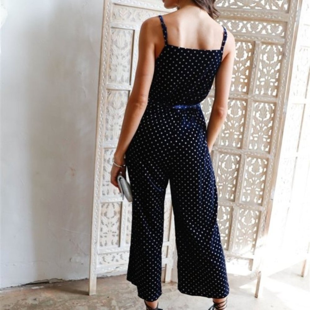 Contemporary Navy polka-dot Velvet jumpsuit - Picture 5 of 5